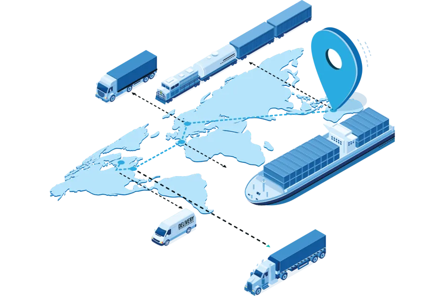 Illustration of trucks, ships and trains moving freight across a world map
