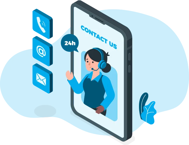 Illustration of a phone showing contact options: call, email and message