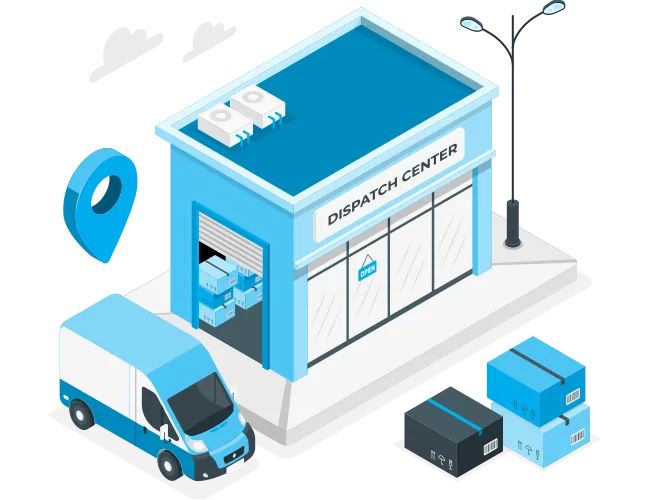 Illustration of a dispatch centre with a van loading cartons