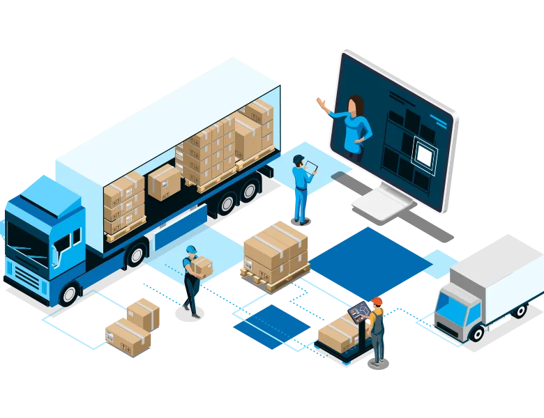 Illustration of a warehouse loading cartons onto a truck, with despatch managed from a screen
