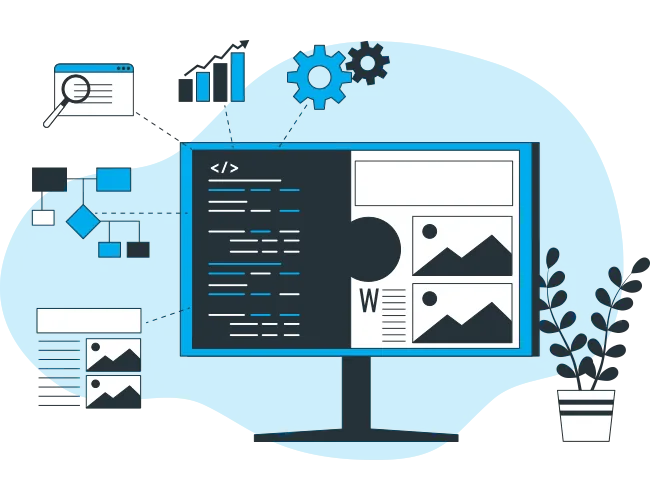Illustration of software being designed and built on screen