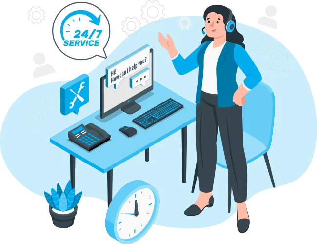 Illustration of a support person with a headset beside a 24/7 service sign
